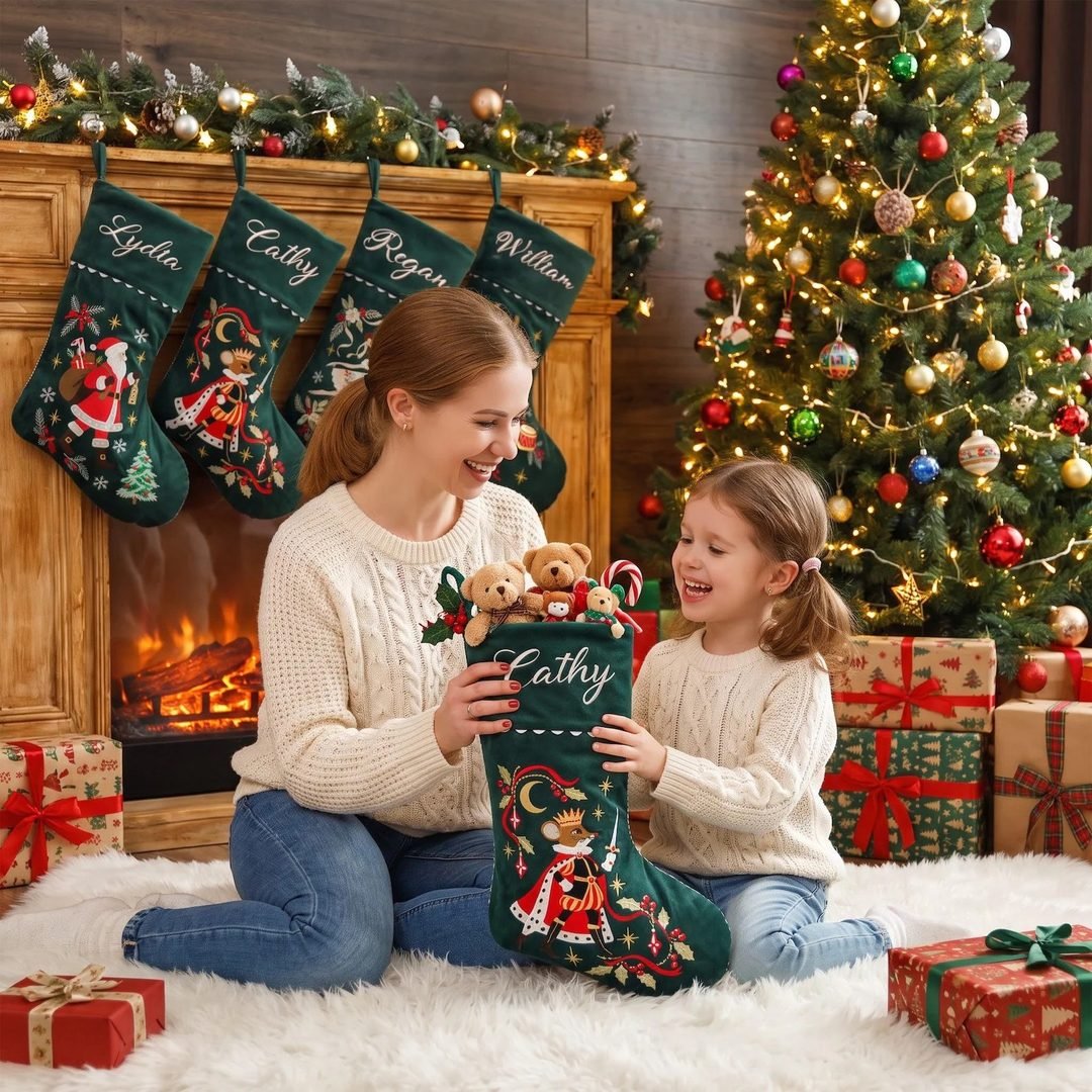 Mom and daughter stuffing teddy bears into stocking