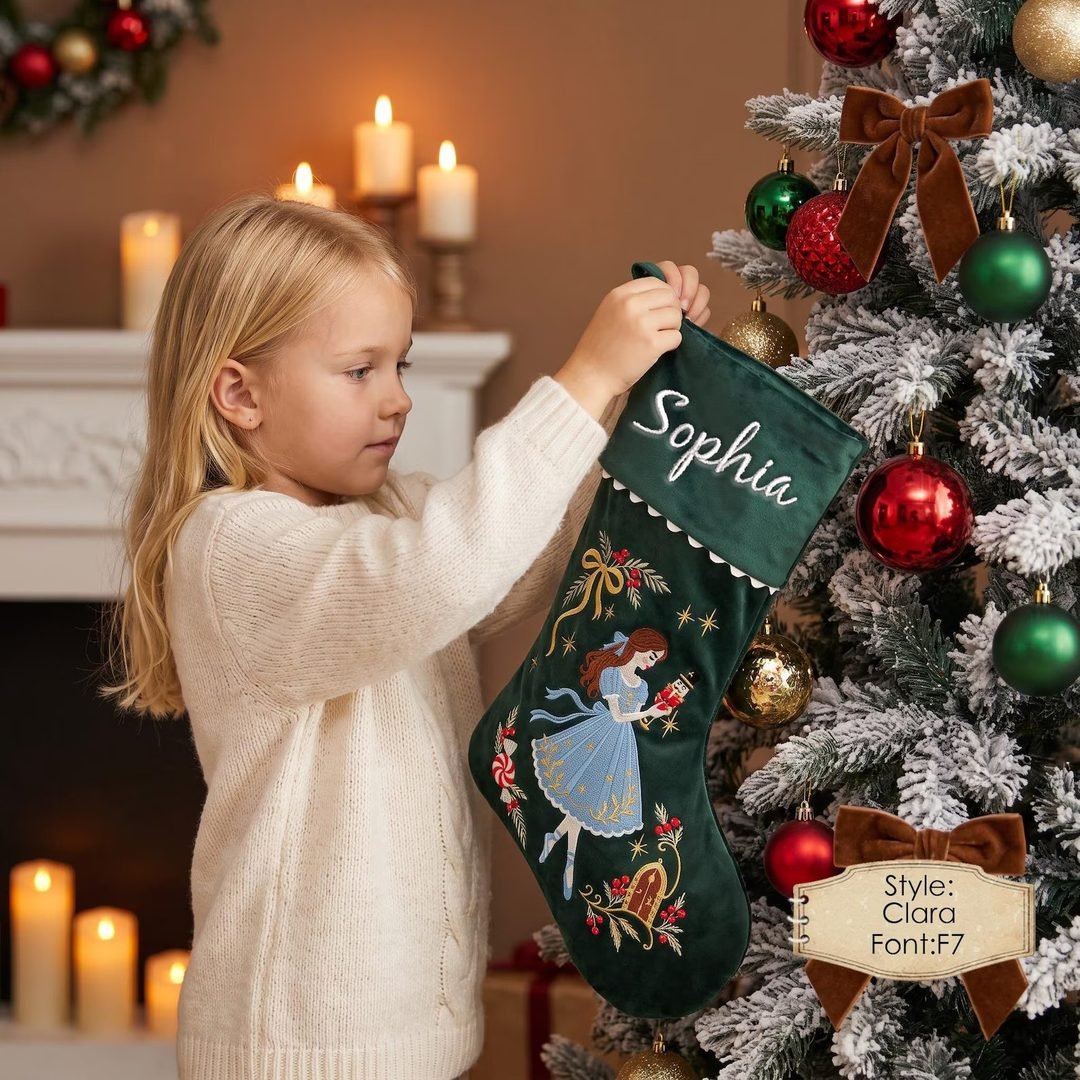 Girl hanging Clara stocking on Christmas tree