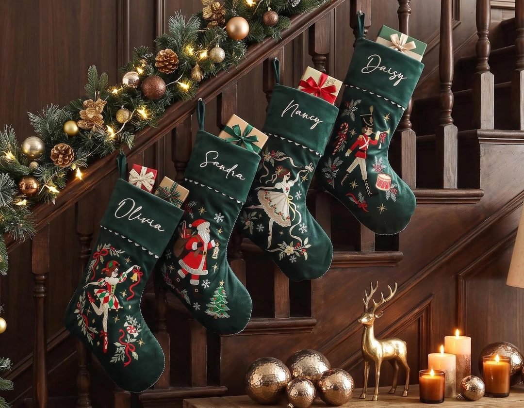 4 Stockings on Wooden Staircase