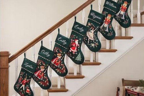7 Stockings lined up on staircase